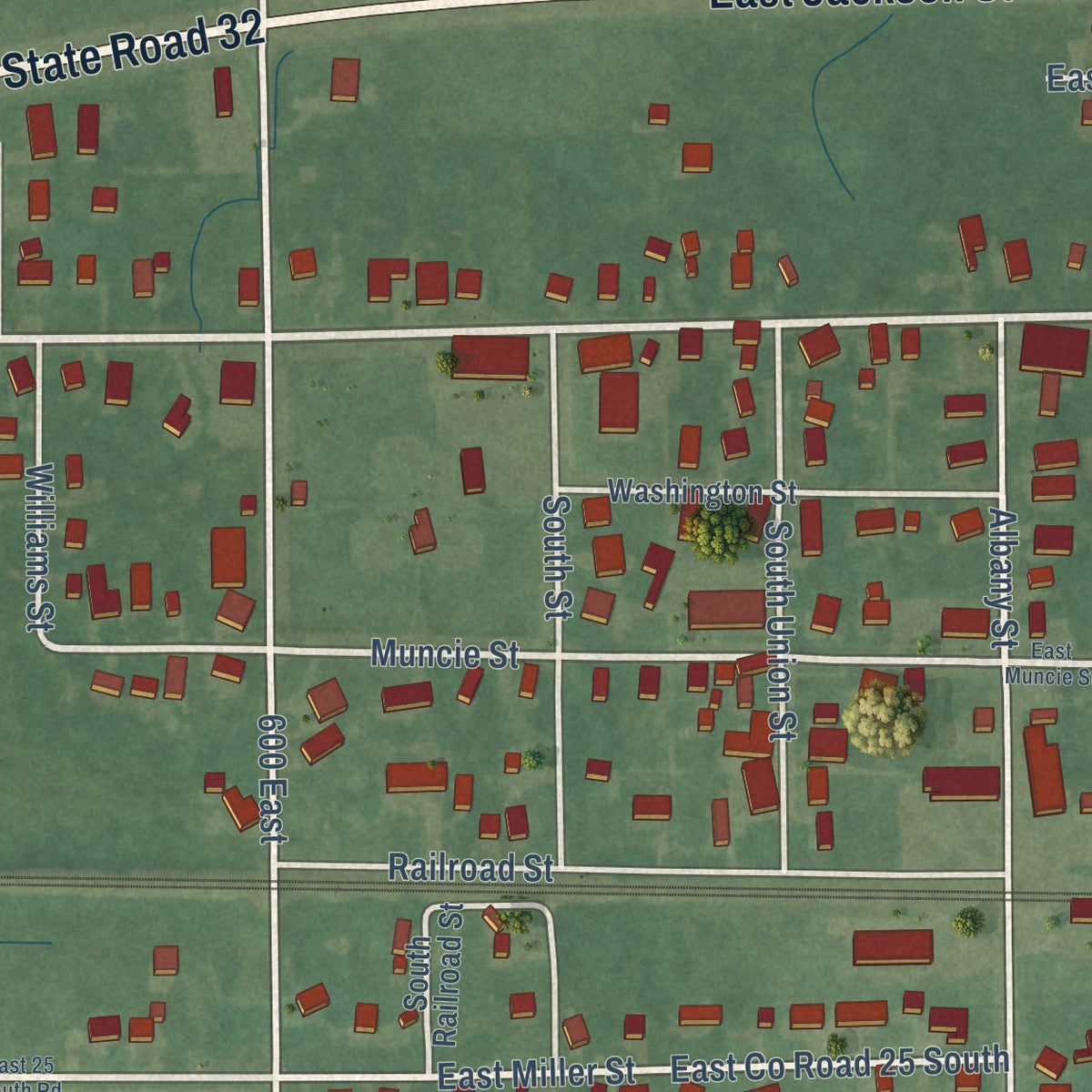 Close-up of the map of Selma, Indiana print showing street and building detail