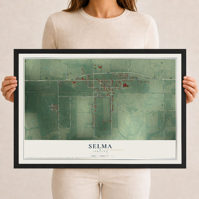 Map of Selma, Indiana, 12 x 18 inch print in a black wood frame