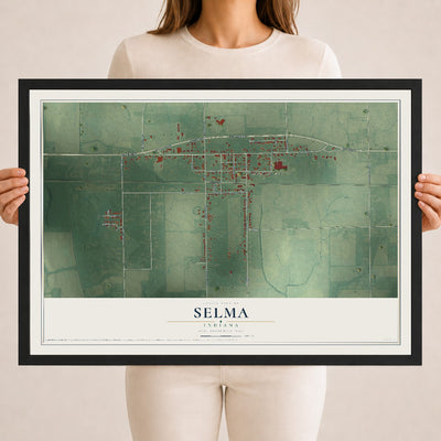 Map of Selma, Indiana, 18 x 24 inch print in a black wood frame