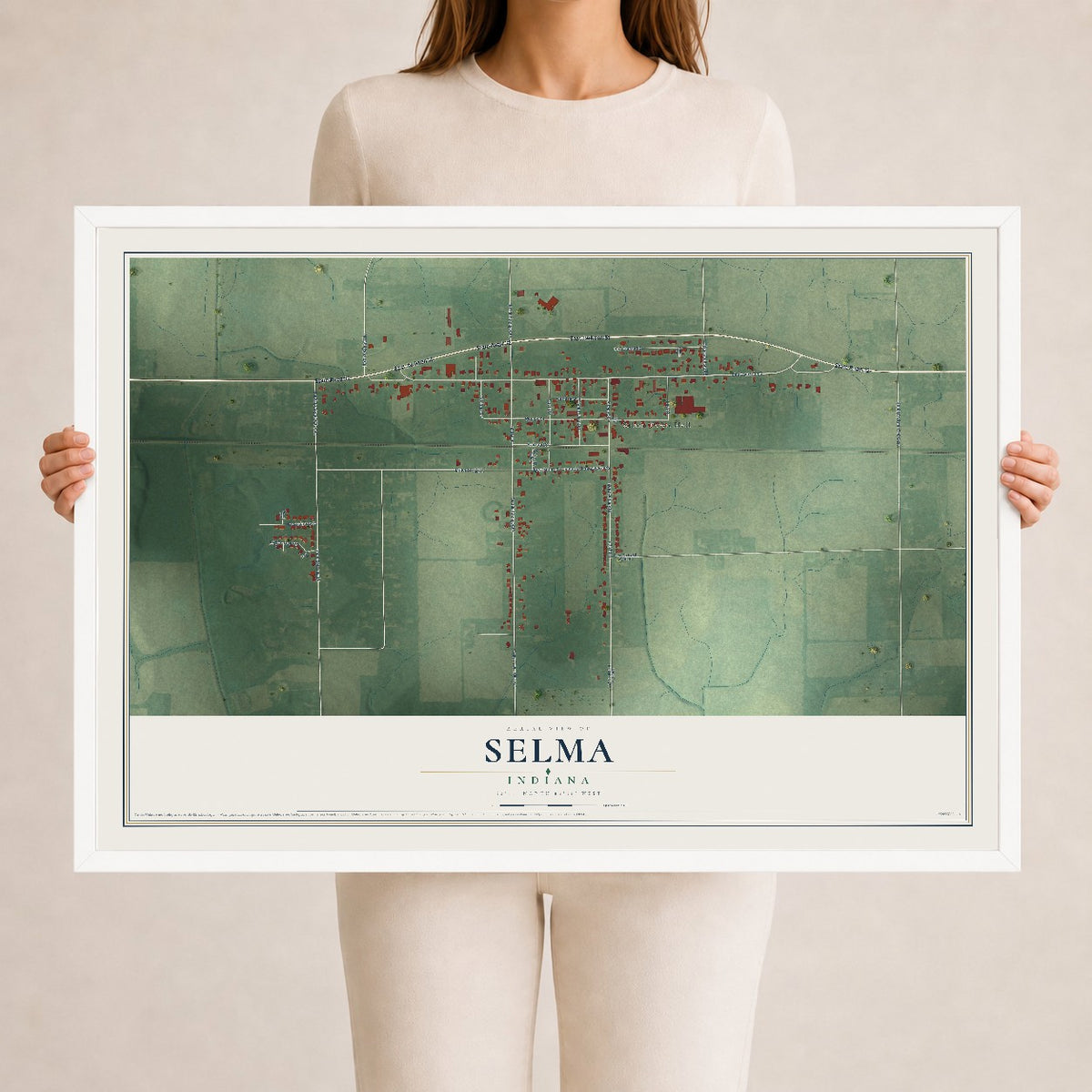 Map of Selma, Indiana, 24 x 36 inch print in a white wood frame