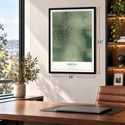 Servia, Indiana map, 18 x 24 inch print in a black frame in a home office