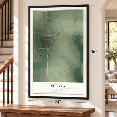 Servia, Indiana map, 24 x 36 inch print in a black frame by a staircase