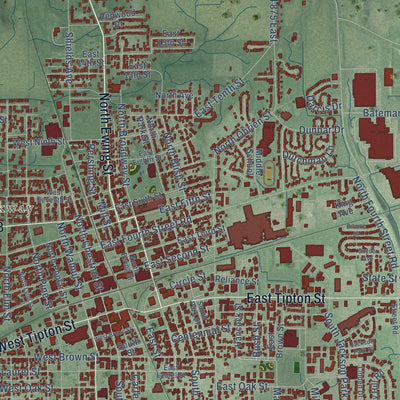 Close-up of the map of Seymour, Indiana print showing street and building detail