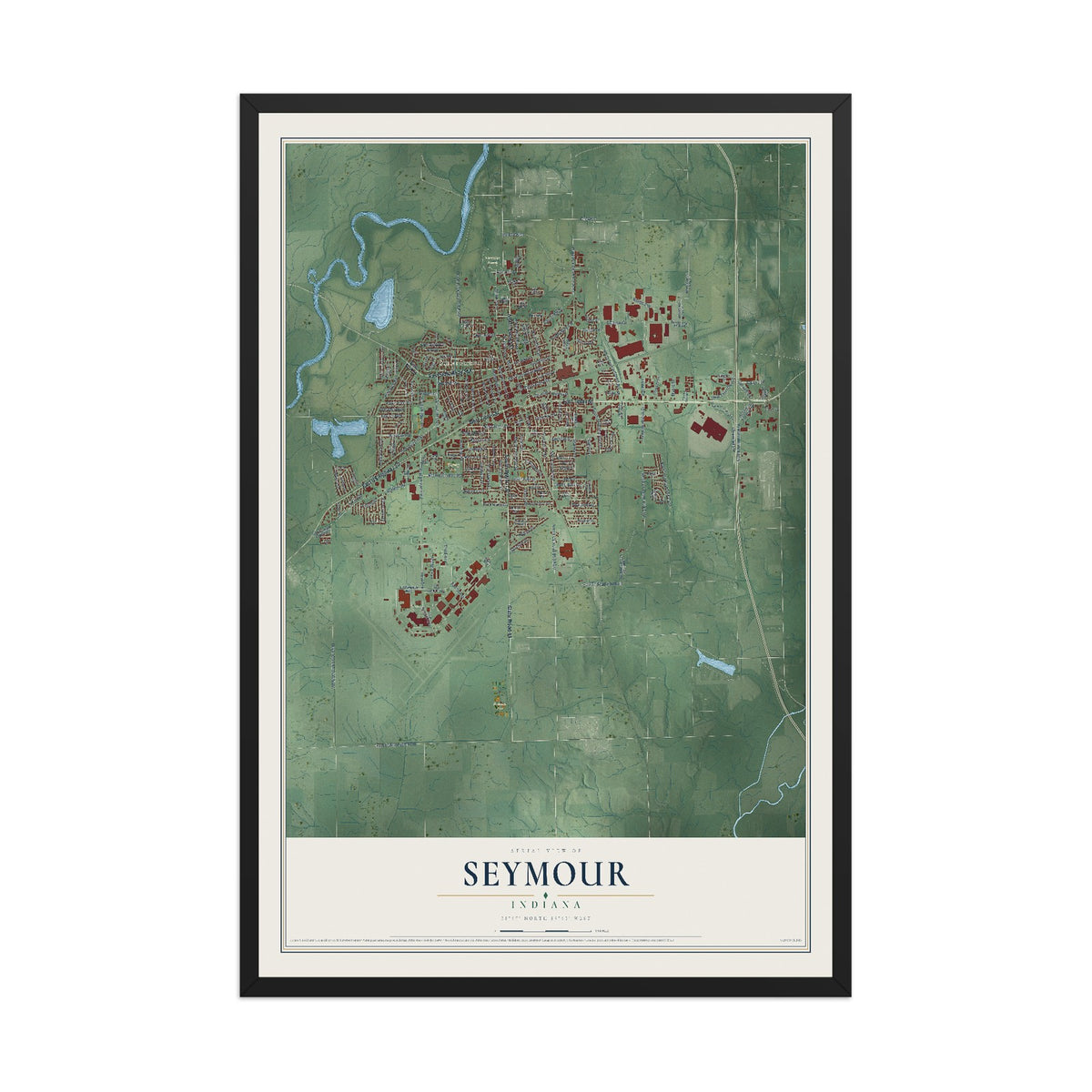 Map of Seymour, Indiana, 12 x 18 inch print in a black wood frame