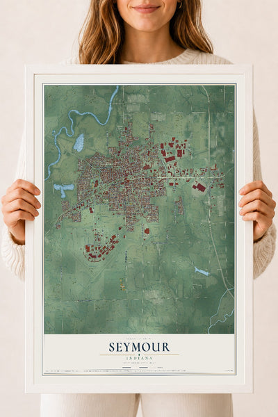 Map of Seymour, Indiana, 18 x 24 inch print in a white wood frame