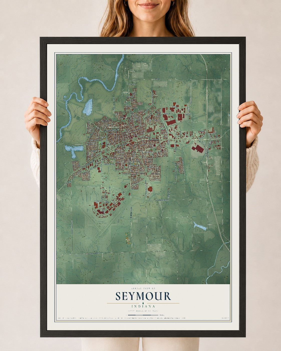 Map of Seymour, Indiana, 24 x 36 inch print in a black wood frame