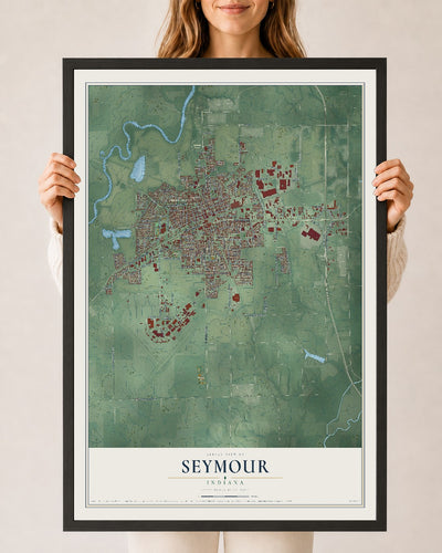 Map of Seymour, Indiana, 24 x 36 inch print in a black wood frame