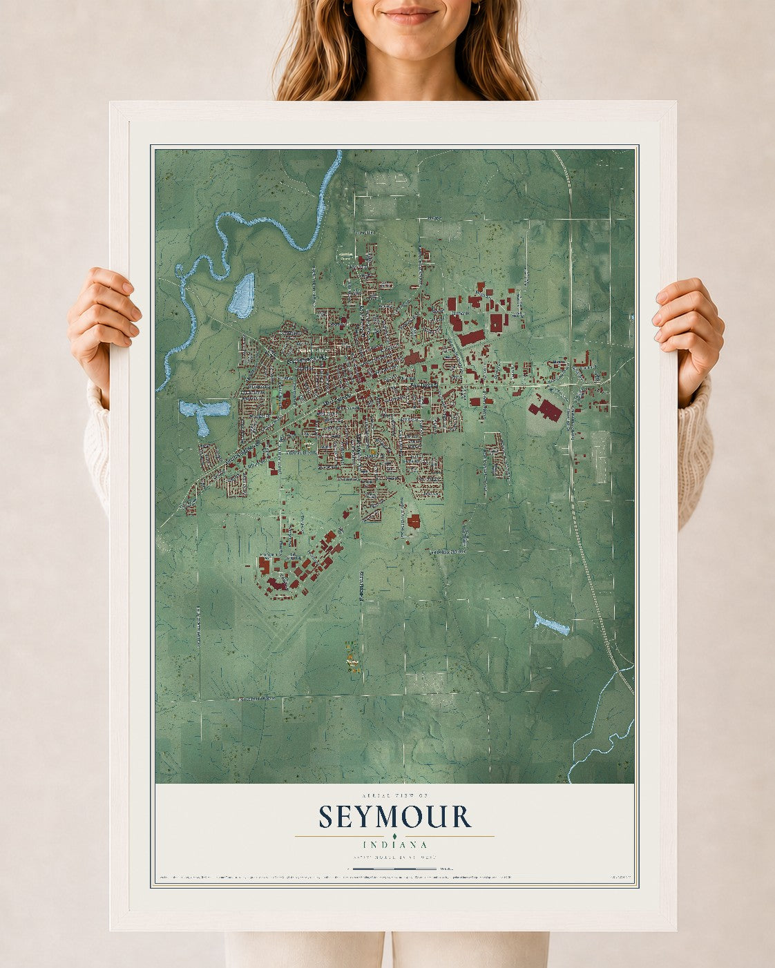 Map of Seymour, Indiana, 24 x 36 inch print in a white wood frame