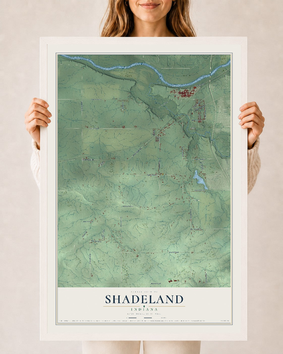 Map of Shadeland, Indiana, 24 x 36 inch print in a white wood frame