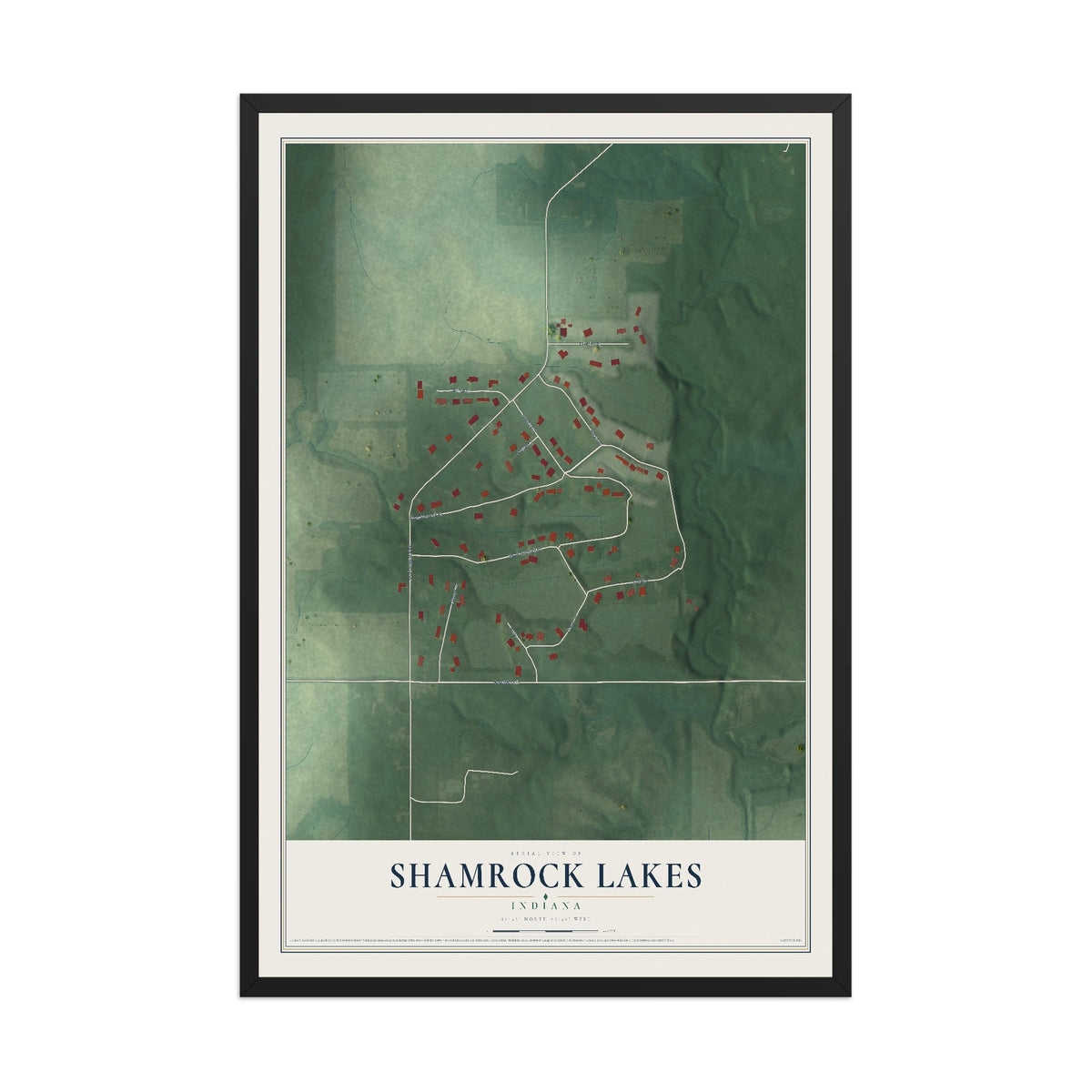 Map of Shamrock Lakes, Indiana, 12 x 18 inch print in a black wood frame