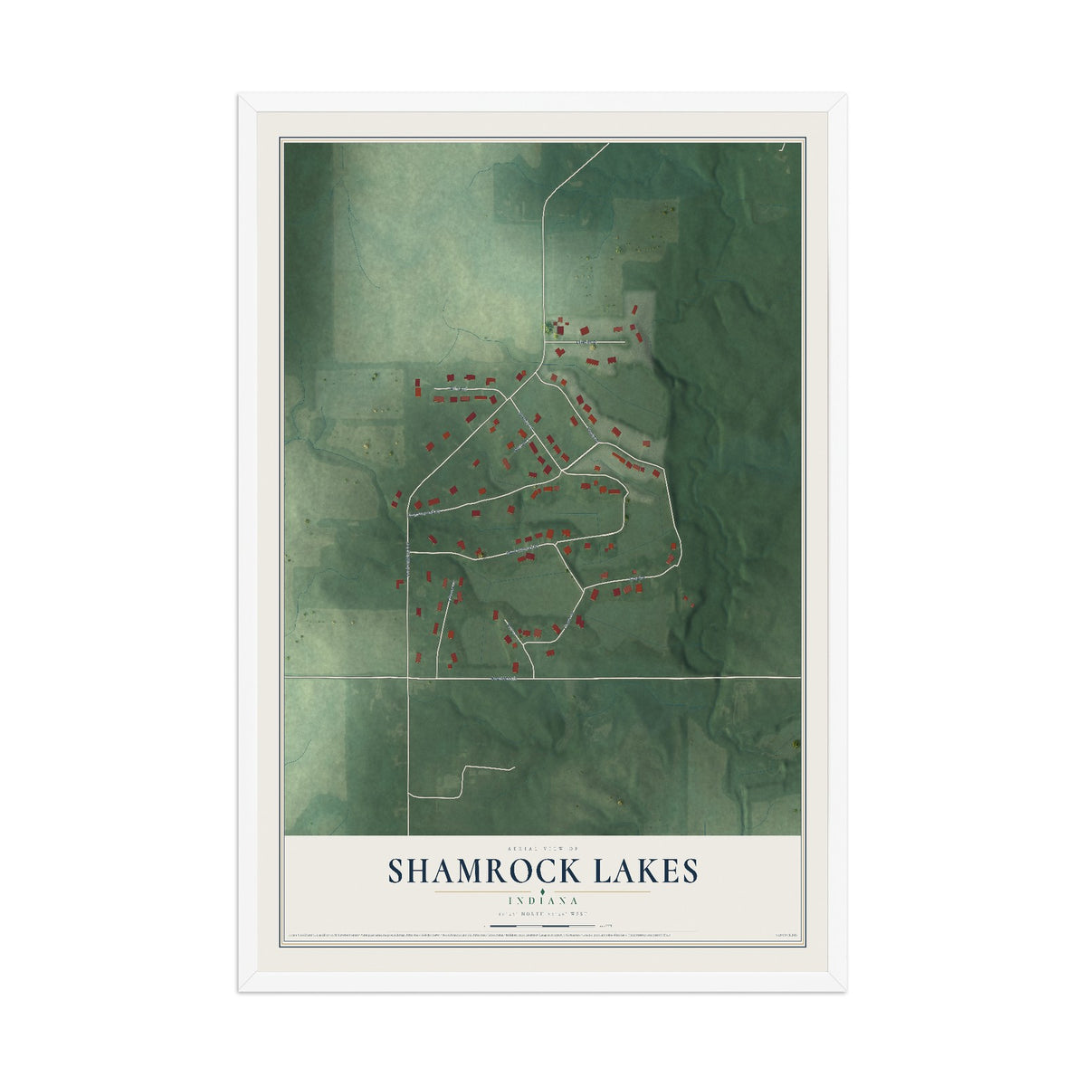 Map of Shamrock Lakes, Indiana, 12 x 18 inch print in a white wood frame
