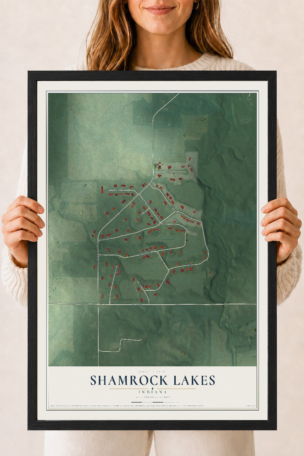 Map of Shamrock Lakes, Indiana, 18 x 24 inch print in a black wood frame