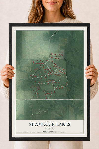 Map of Shamrock Lakes, Indiana, 18 x 24 inch print in a black wood frame