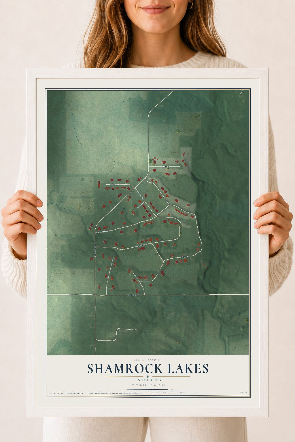 Map of Shamrock Lakes, Indiana, 18 x 24 inch print in a white wood frame