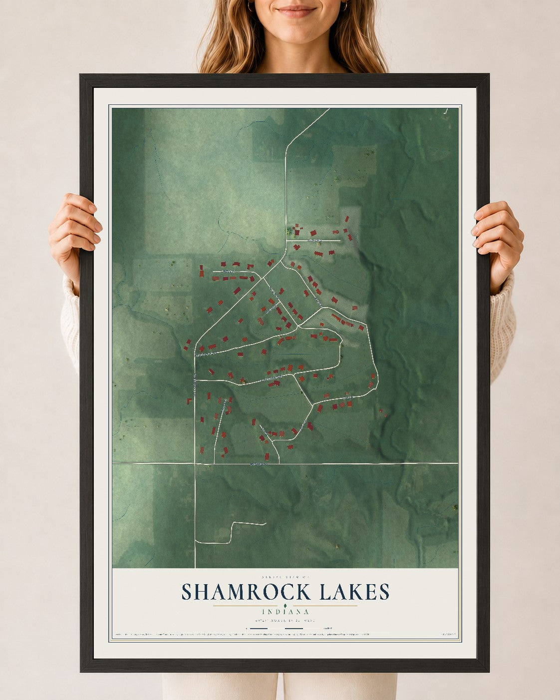 Map of Shamrock Lakes, Indiana, 24 x 36 inch print in a black wood frame