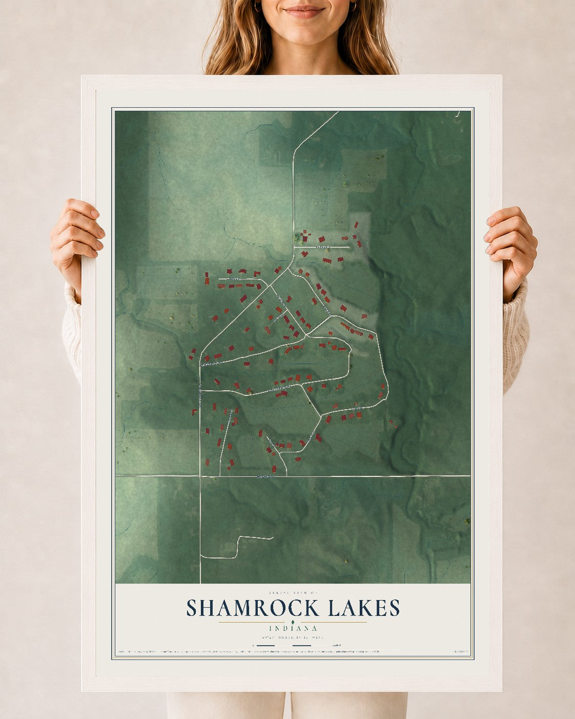 Map of Shamrock Lakes, Indiana, 24 x 36 inch print in a white wood frame