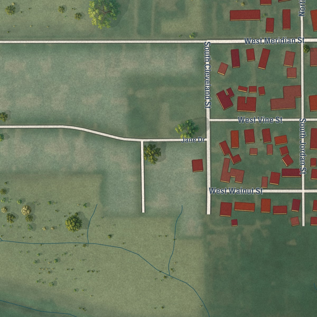 Second close-up of the map of Sharpsville, Indiana print showing more streets and buildings