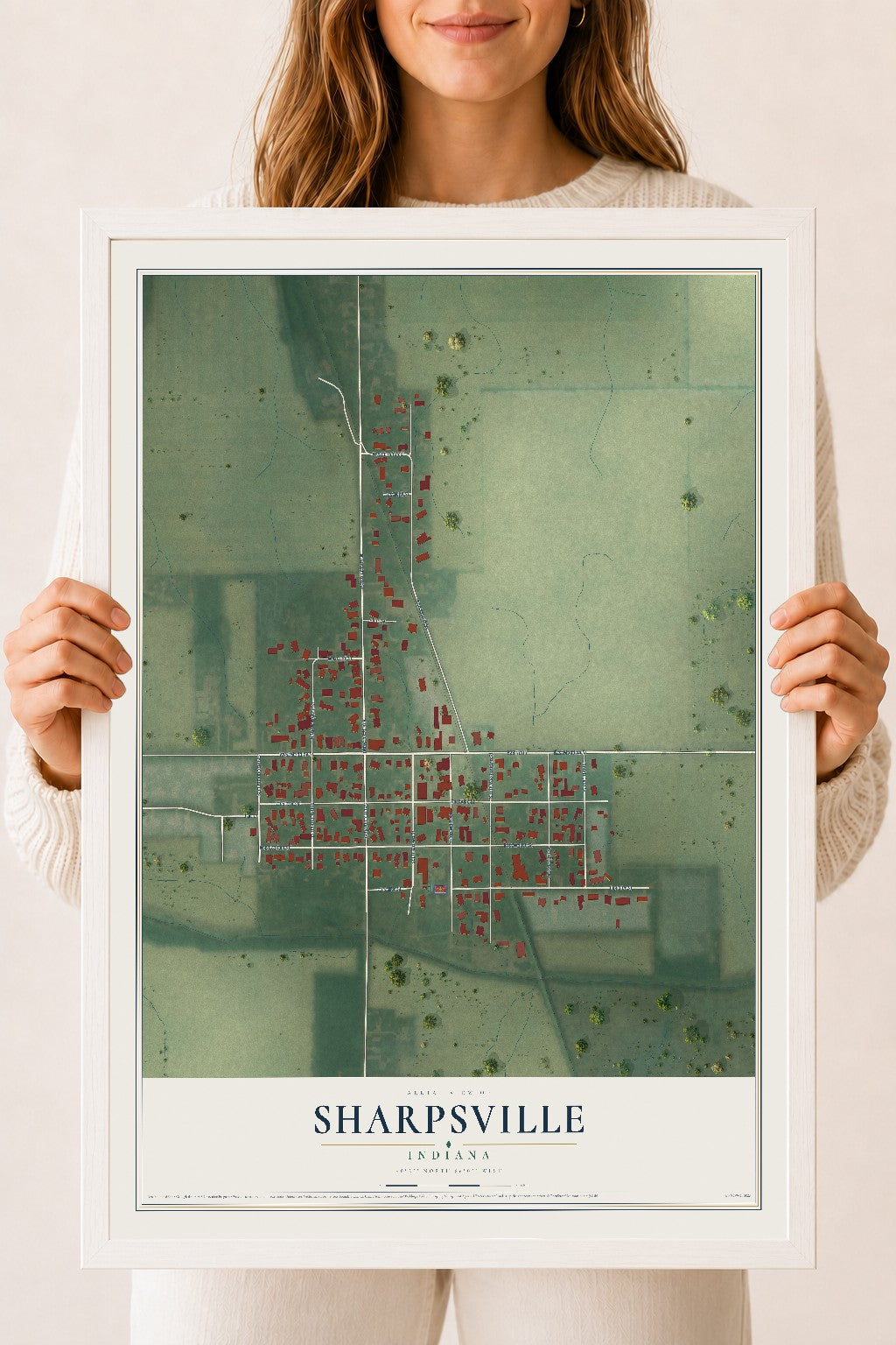 Map of Sharpsville, Indiana, 18 x 24 inch print in a white wood frame