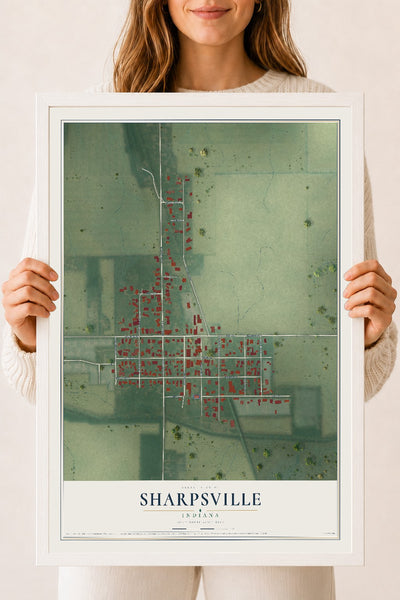 Map of Sharpsville, Indiana, 18 x 24 inch print in a white wood frame