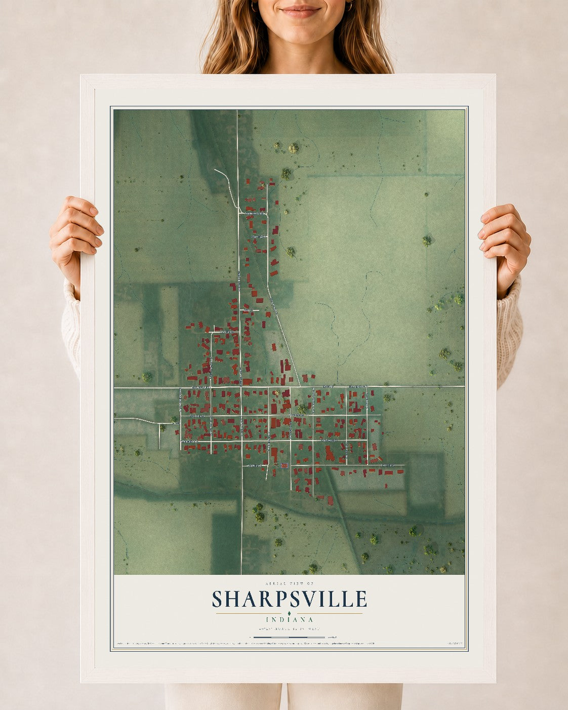 Map of Sharpsville, Indiana, 24 x 36 inch print in a white wood frame