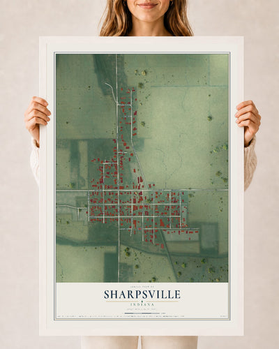 Map of Sharpsville, Indiana, 24 x 36 inch print in a white wood frame