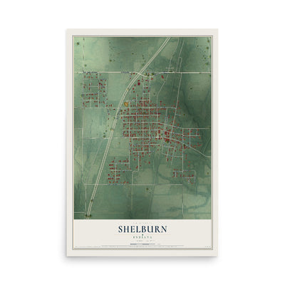 Map of Shelburn, Indiana, 12 x 18 inch unframed archival matte print