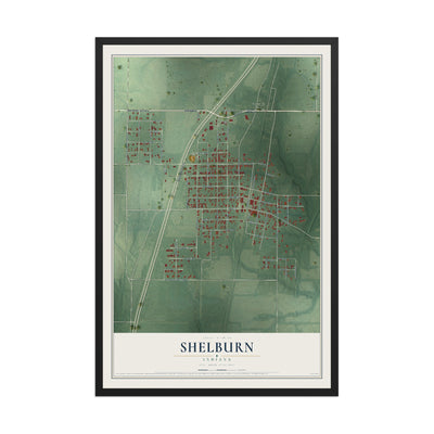 Map of Shelburn, Indiana, 12 x 18 inch print in a black wood frame