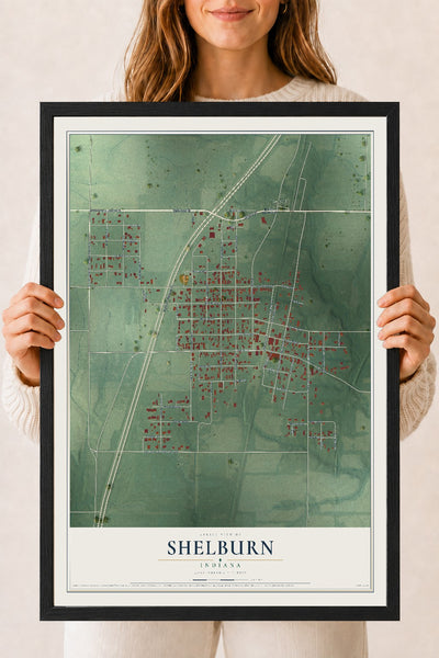 Map of Shelburn, Indiana, 18 x 24 inch print in a black wood frame