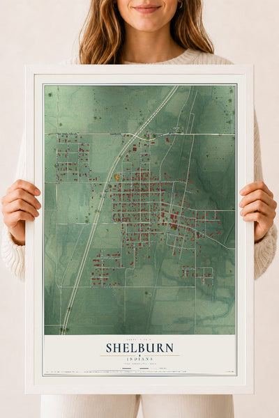 Map of Shelburn, Indiana, 18 x 24 inch print in a white wood frame