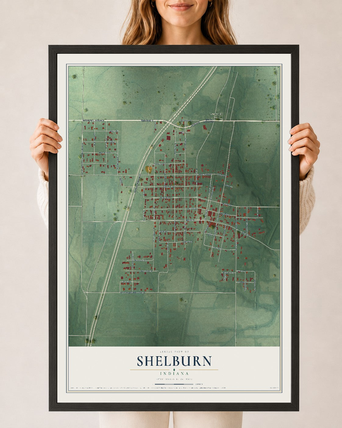 Map of Shelburn, Indiana, 24 x 36 inch print in a black wood frame