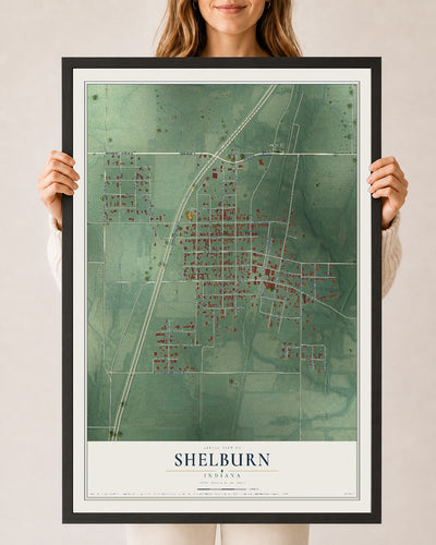 Map of Shelburn, Indiana, 24 x 36 inch print in a black wood frame
