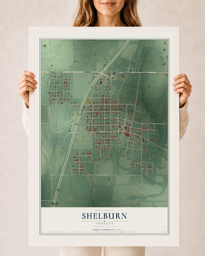 Map of Shelburn, Indiana, 24 x 36 inch print in a white wood frame