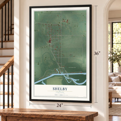 Shelby, Indiana map, 24 x 36 inch print in a black frame by a staircase