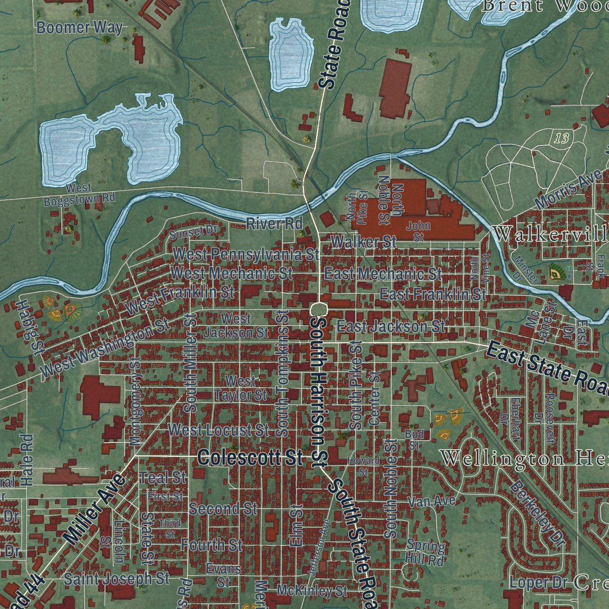 Close-up of the map of Shelbyville, Indiana print showing street and building detail