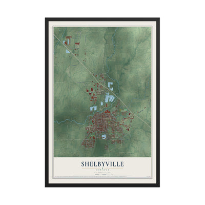 Map of Shelbyville, Indiana, 12 x 18 inch print in a black wood frame