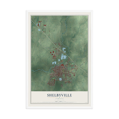 Map of Shelbyville, Indiana, 12 x 18 inch print in a white wood frame