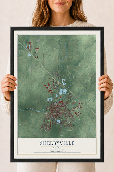 Map of Shelbyville, Indiana, 18 x 24 inch print in a black wood frame