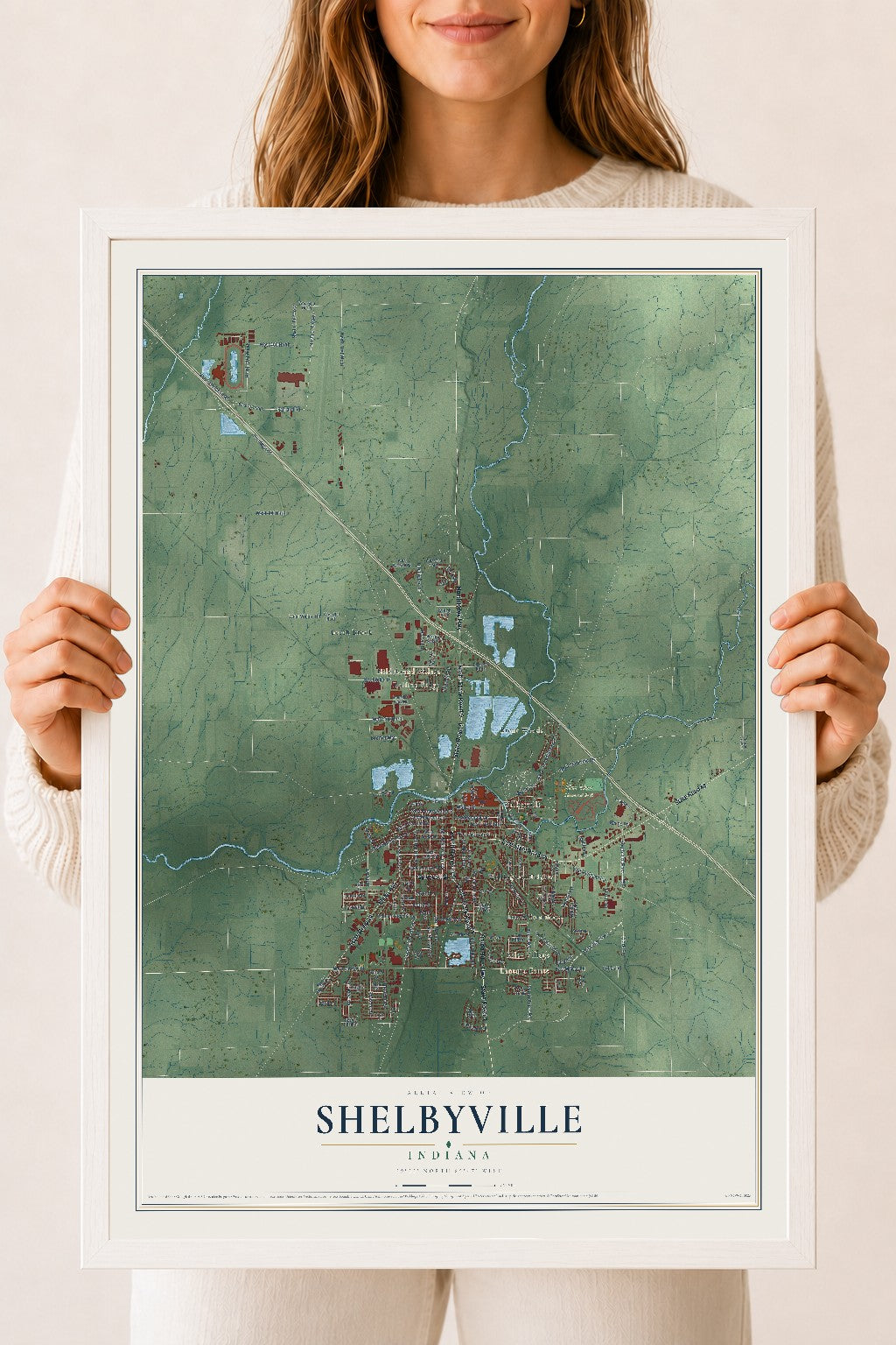 Map of Shelbyville, Indiana, 18 x 24 inch print in a white wood frame