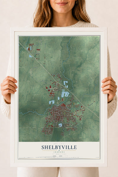 Map of Shelbyville, Indiana, 18 x 24 inch print in a white wood frame