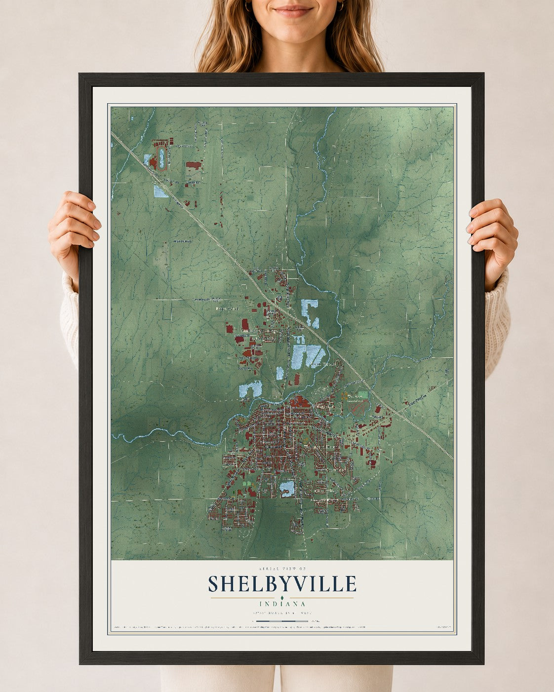 Map of Shelbyville, Indiana, 24 x 36 inch print in a black wood frame