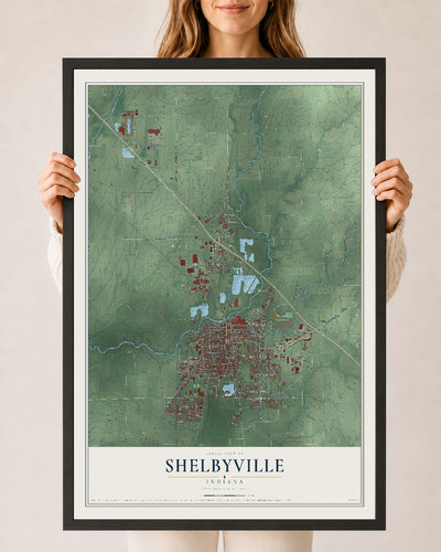 Map of Shelbyville, Indiana, 24 x 36 inch print in a black wood frame