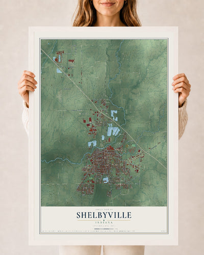 Map of Shelbyville, Indiana, 24 x 36 inch print in a white wood frame