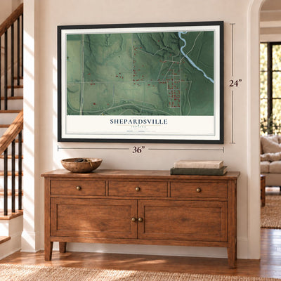 Shepardsville, Indiana map, 24 x 36 inch print in a black frame above a dresser by a staircase