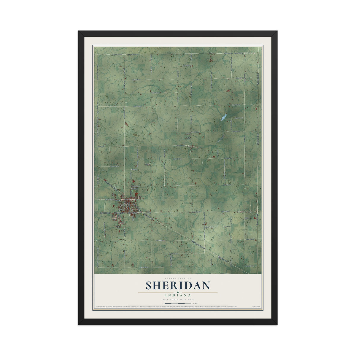 Map of Sheridan, Indiana, 12 x 18 inch print in a black wood frame