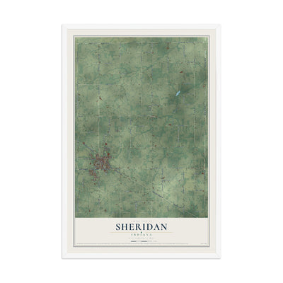 Map of Sheridan, Indiana, 12 x 18 inch print in a white wood frame