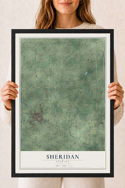 Map of Sheridan, Indiana, 18 x 24 inch print in a black wood frame