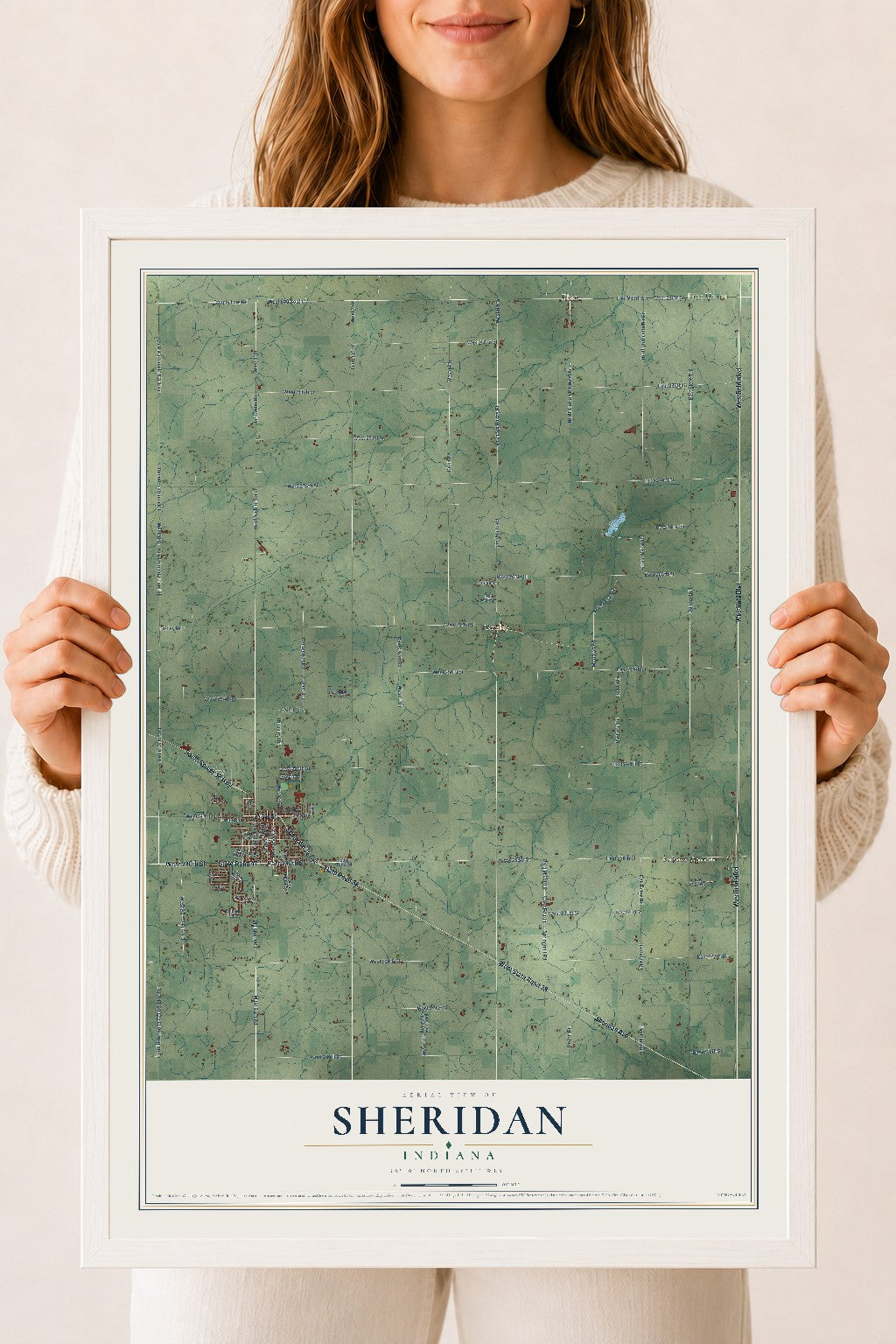 Map of Sheridan, Indiana, 18 x 24 inch print in a white wood frame