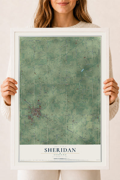 Map of Sheridan, Indiana, 18 x 24 inch print in a white wood frame
