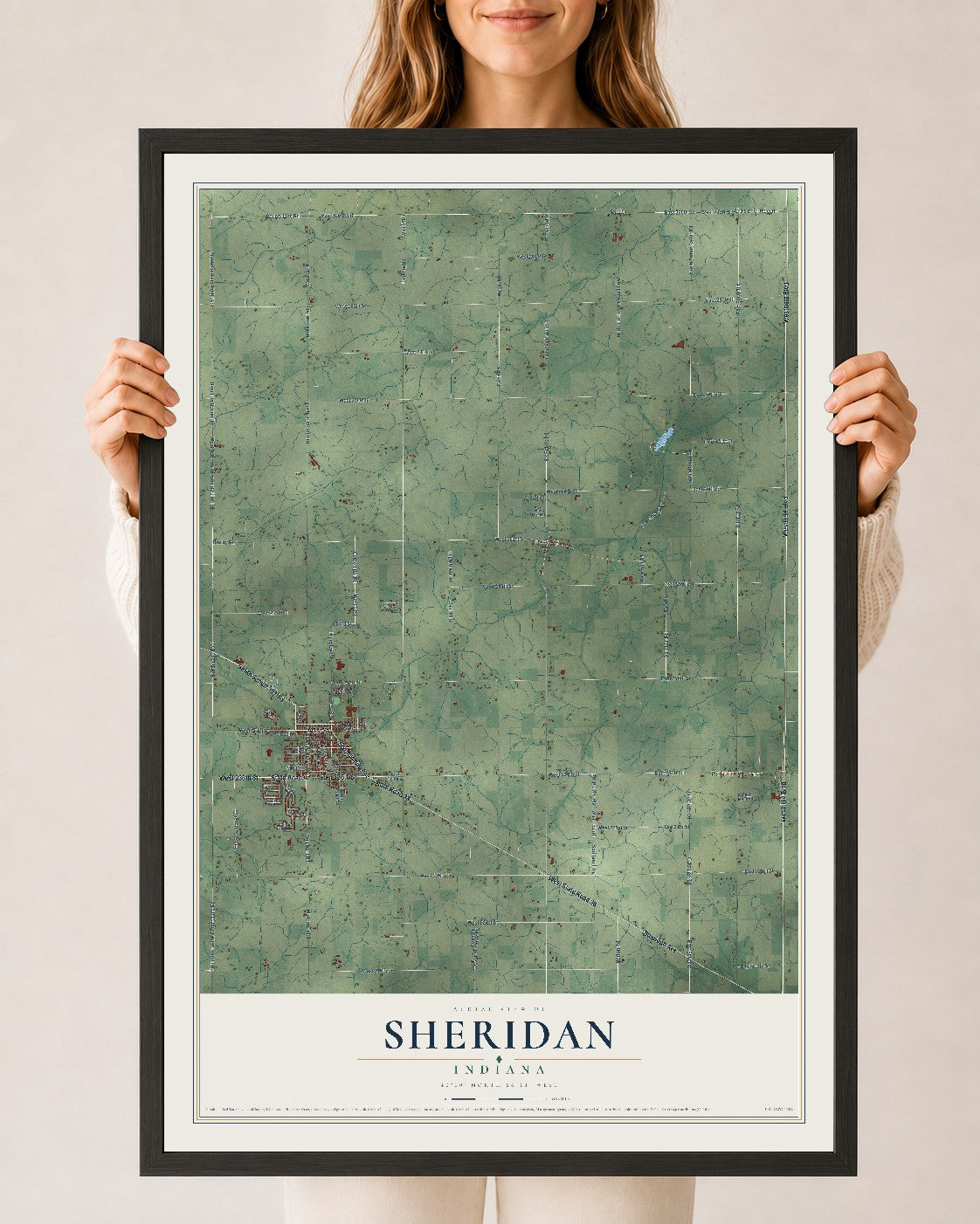 Map of Sheridan, Indiana, 24 x 36 inch print in a black wood frame