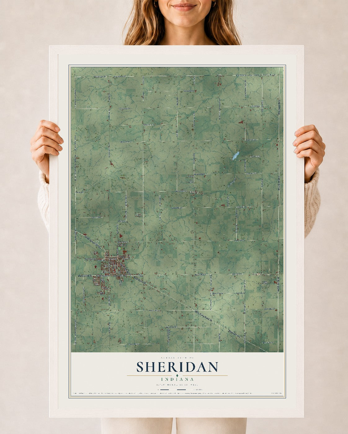 Map of Sheridan, Indiana, 24 x 36 inch print in a white wood frame